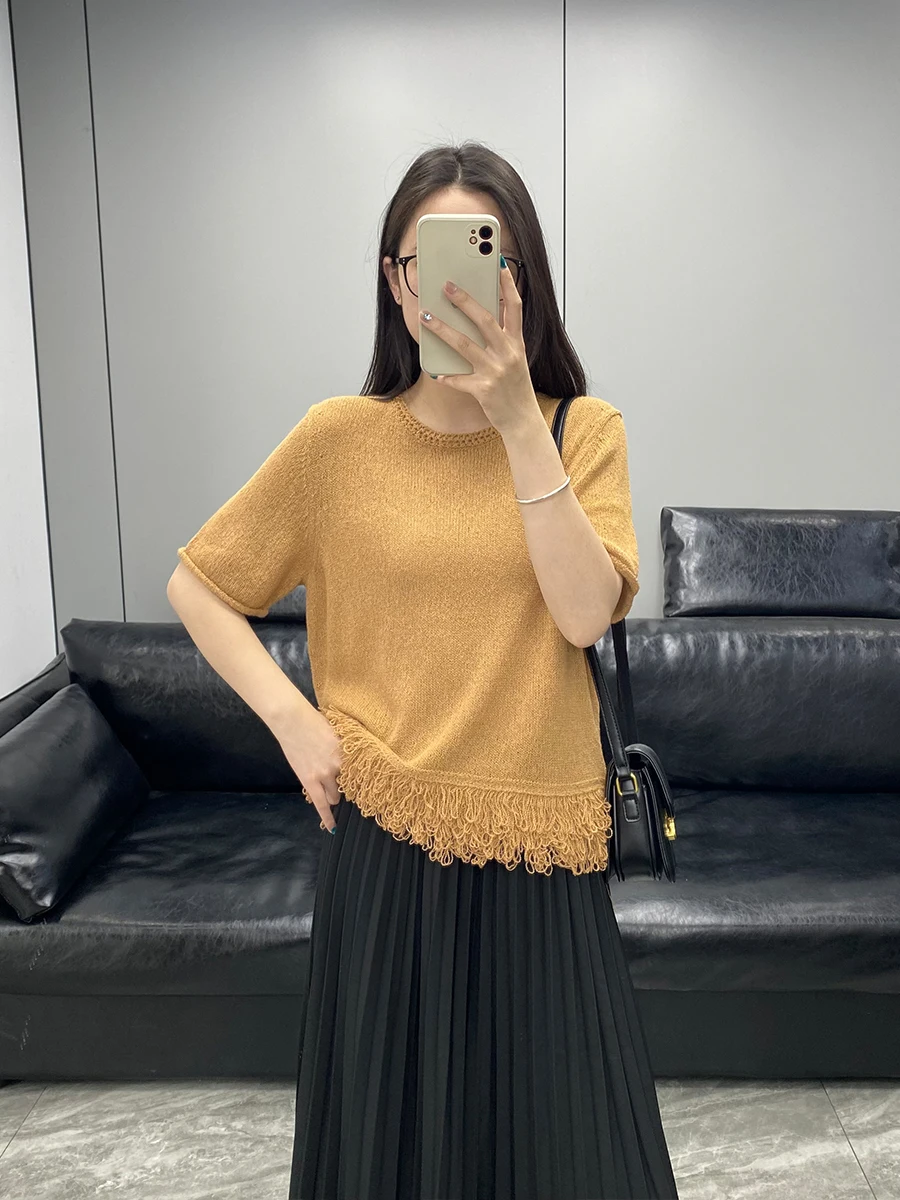 

Korean Style Loose Cotton Blend Short Sleeve Knitted Top Women's round Neck Tassel Detail Breathable Comfortable Slimming Effect