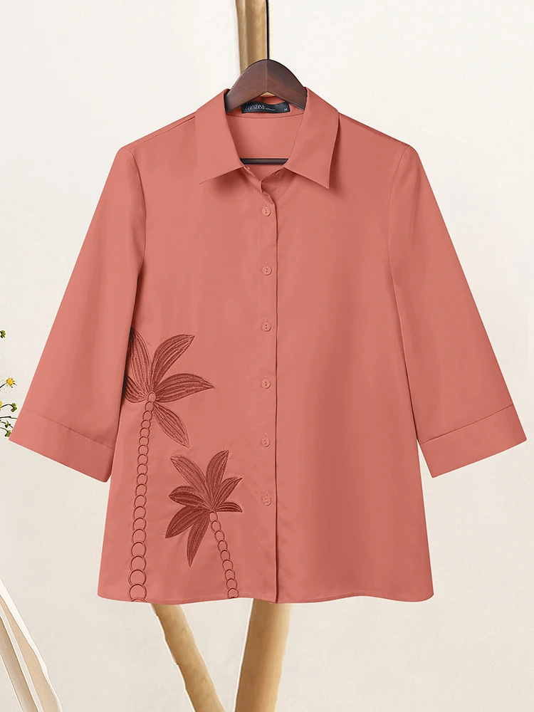 2025ZANZEA Herfst Shirts Vrouwen Bloemen Geborduurde Blouse Casual V-hals 3/4 Mouw Knoppen Blusas Vrouwelijke OL Werk Tops