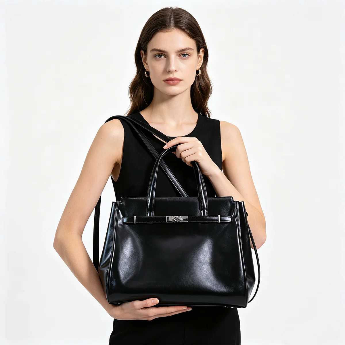 JIOMAY 2026 Unique Design black PU Handbag, Chic Urban Top Handle Purse, Vintage Versatile Commuter Shoulder Bag