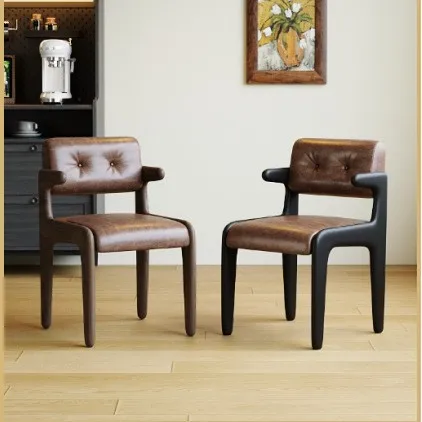 중세풍 원목 식탁 의자 프랑스식 등받이 레저 의자 오일 왁스 가죽 소프트백 암체어