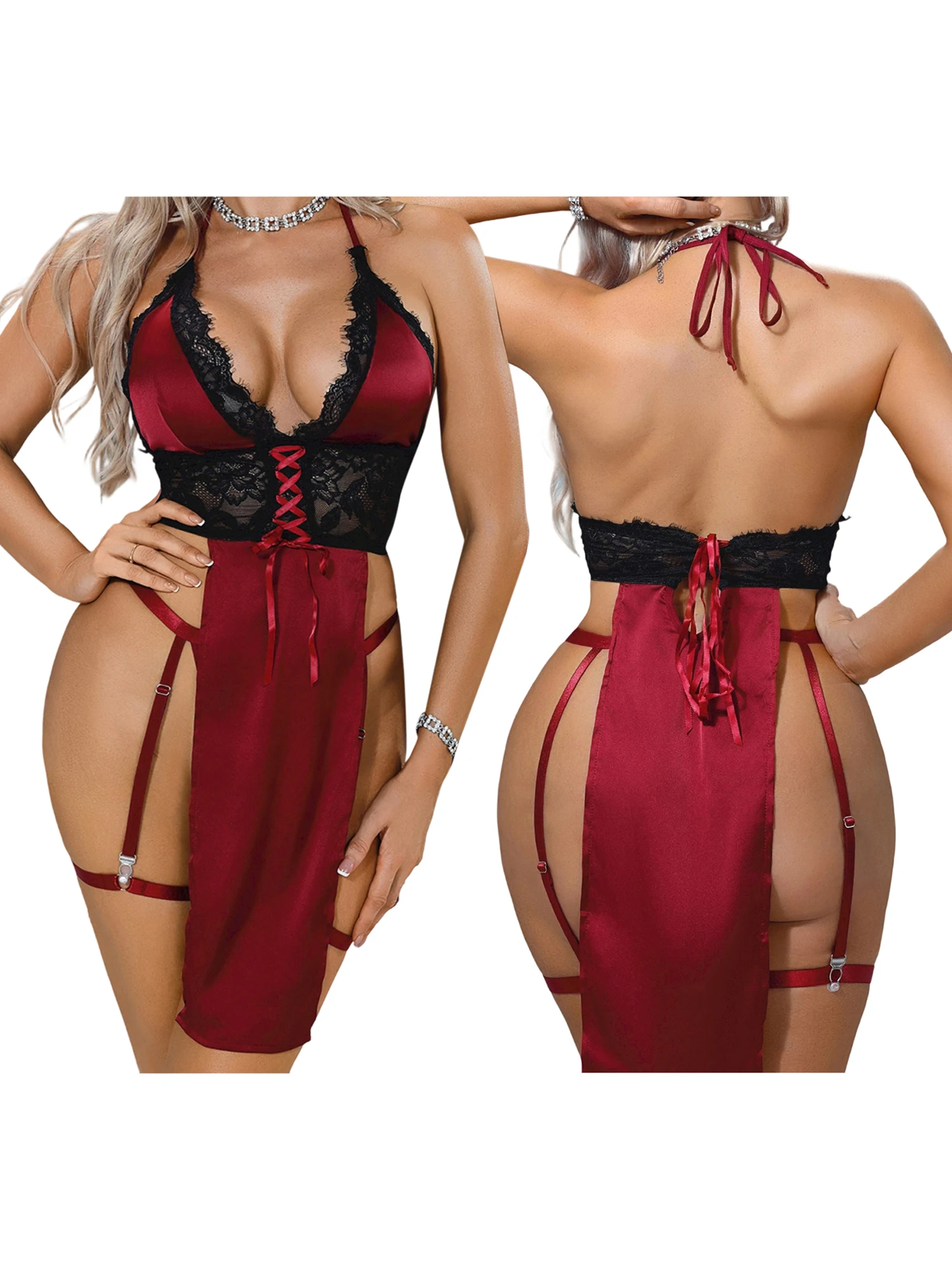 مجموعة ملابس داخلية مثيرة من الدانتيل مع رباط وثونغ 3 قطع ملابس نوم برقبة على شكل حرف V فستان بيبي دول بدون أكمام ملابس نوم للنساء