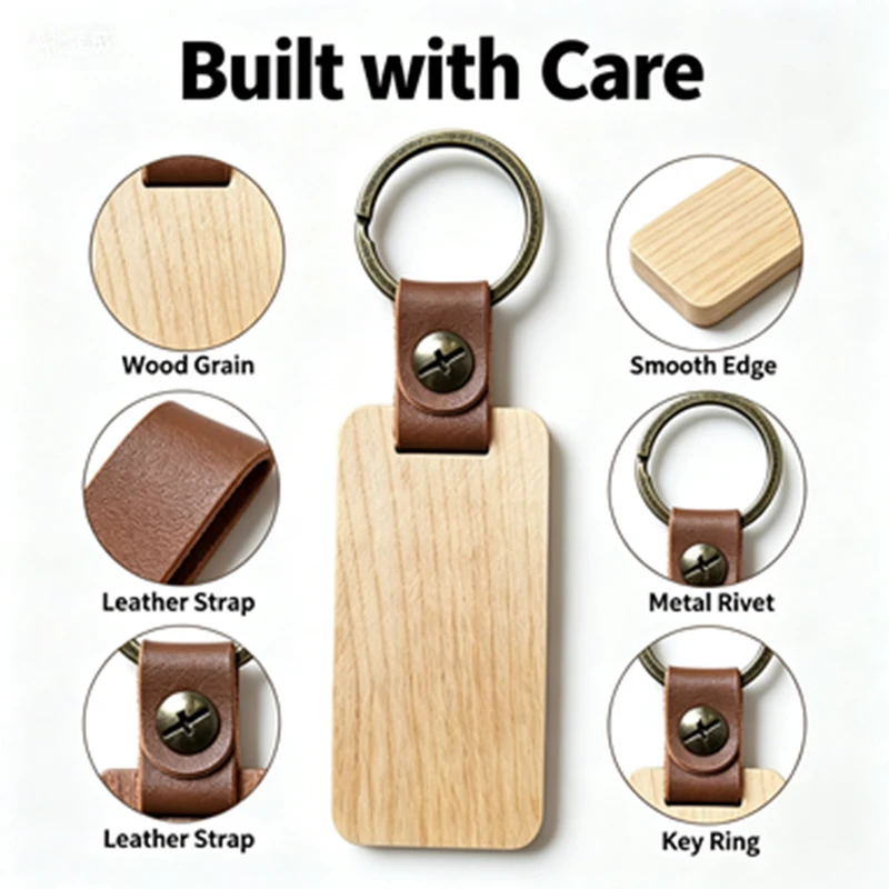 20Pcs Rectangle Blank Wood Keyring Car House Key Organizer Pendant