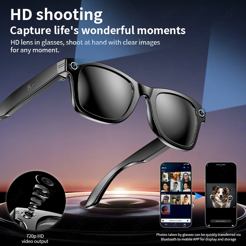 LIGE AI Camera Glasses Wireless Smart Sunglasses with Camera Bluetooth Call Music Glasses Video Sound Recording Antiblue Glasees