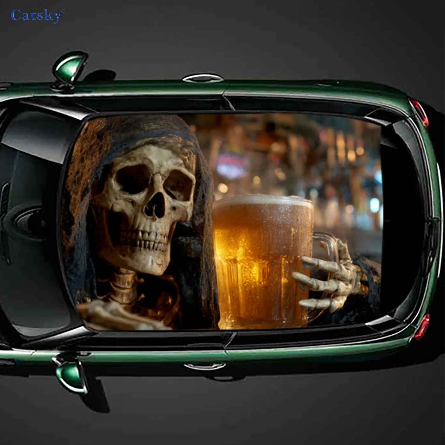 Dark Humor Skull Drink Dominance Car Roof Sticker, PVC Self-Adhesive Waterproof Car Vinyl Decal, Car Decoration Protection Stick