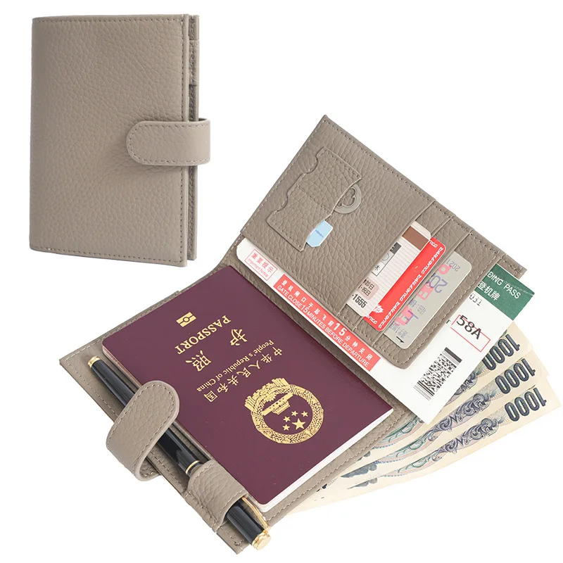 Genuine Leather Passport Holder Ultra-Thin Multi-Functional Document Wallet Zipper Snap Closure Travel Organizer