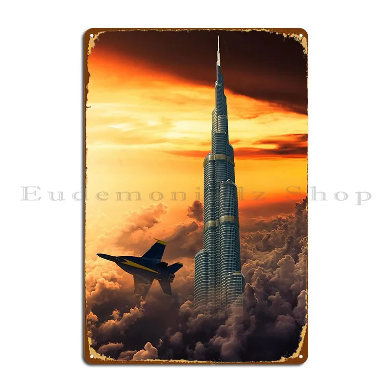 Jet Skyscraper And Clouds Metal Sign Bar Vintage Home Create Garage Tin Sign Poster