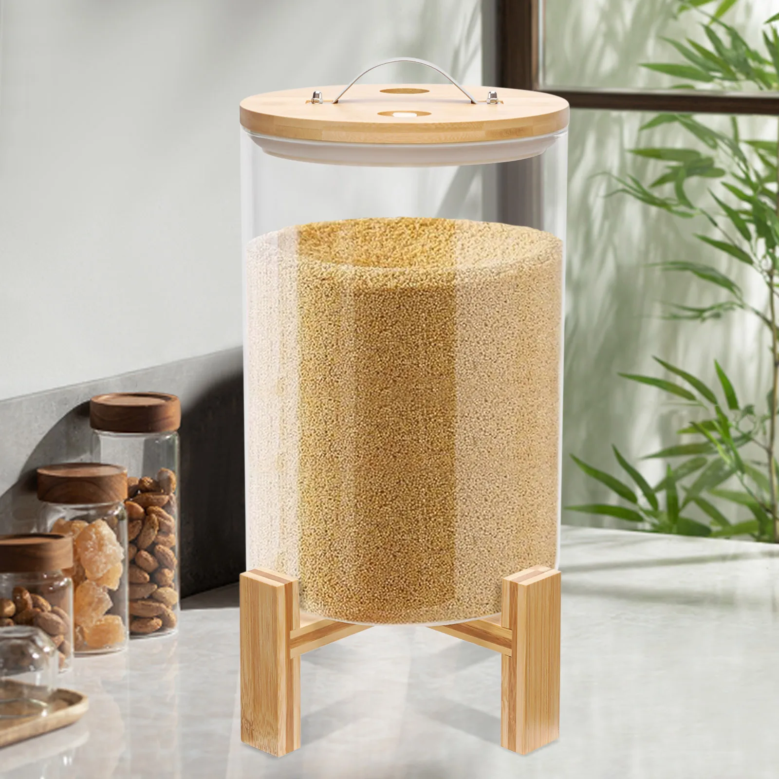 Imagem -02 - Recipiente de Armazenamento de Arroz de Vedação de Vidro Farinha e Cereal Dispenser com Tampa Hermética e Suporte Cozinha e Loja de Despensa 8l