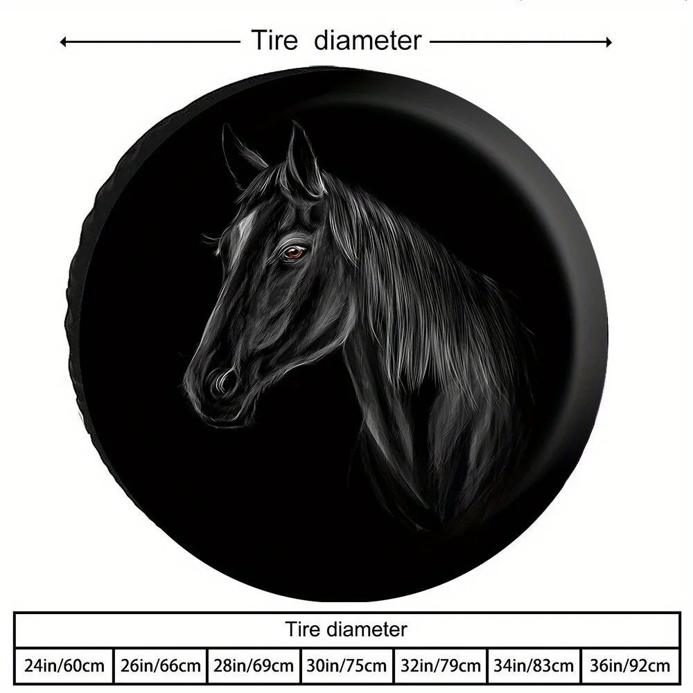 Stylish And Handsome Black Horse Pattern Tire Cover With Elastic Hem, Easy To Install, 28/30/32/34 Inch Tight-Fit Polyester Mate