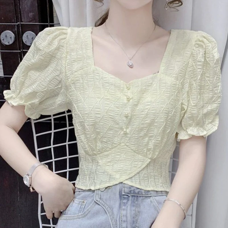 Summer New Elegant Fashion Square Collar Beading Irregular Chiffon Shirt Top Women Waist Ruffles Puff Short Sleeve Casual Blouse