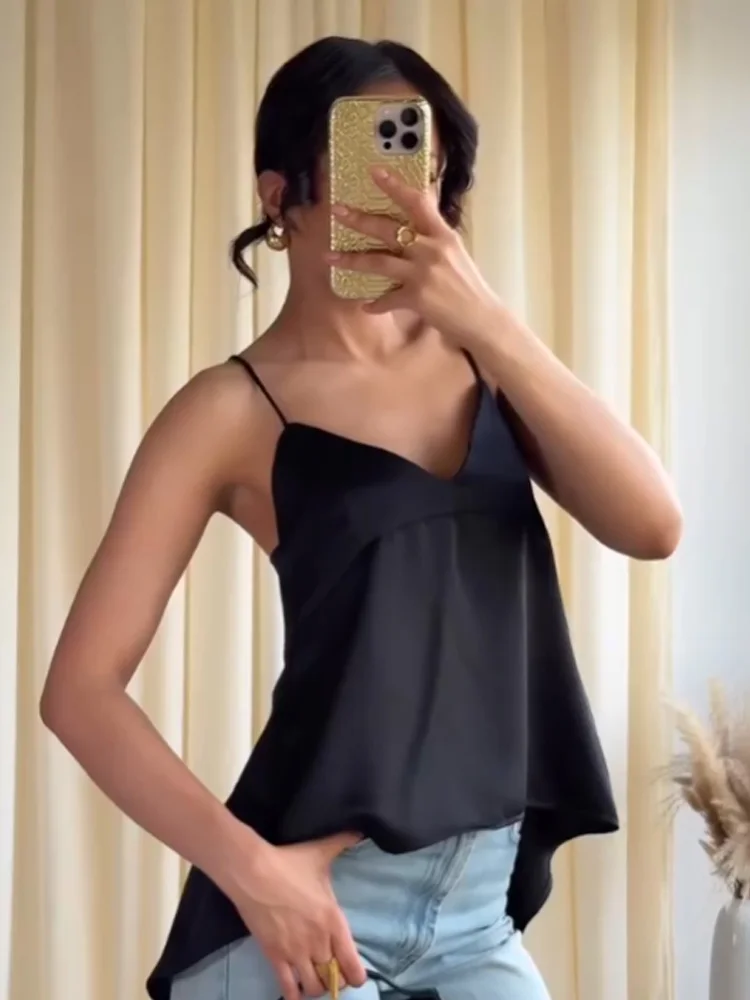 

HH Women Summer Fashion Satin Asymmetric Underwear Style Sling Top Female V-Neck Backless Decorate Sleeveless Party Solid Top