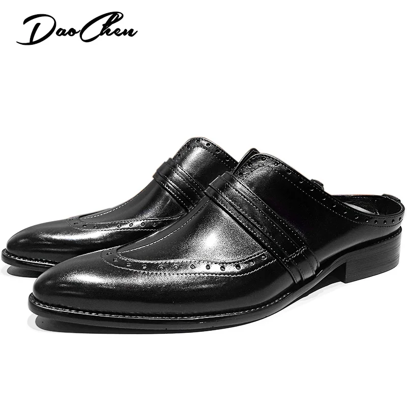 Fashion Style Men\'s Mules Half Shoes Mixed Colors Black Slip On Wingtip Causal Dress Mens Shoes Summer Leather Shoes Men