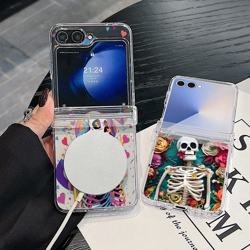 Cute Skull Pattern Magnetic Phone Case For Samsung Galaxy Z Flip 7 FE 7 6 5 4 5G Flip7 Flip6 Flip5 For Magsafe Hard Back Cover