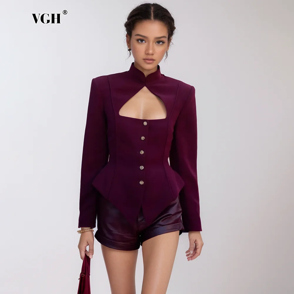 VGH Hollow Out Chic Spliced Single Breasted Coat For Women Stand Collar Long Sleeve Elegant Design Sense Tunic Jacket Female New