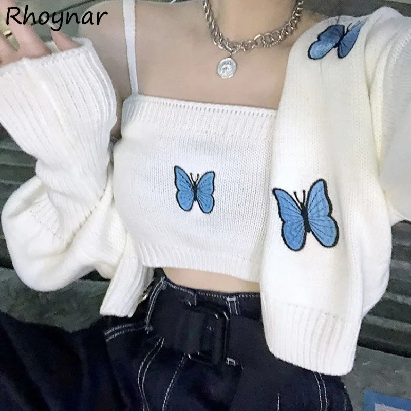 Women Sets Crop Tops Fashion Elegant Sexy All-match Streetwear Printed Knitting Sweaters Bow Slim Korean Style V-neck Chic Soft