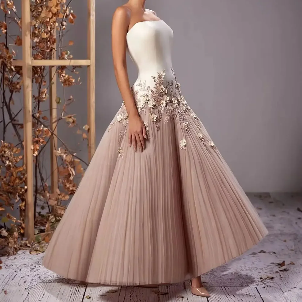 Eenvoudige avondjurken strapless mouwloze bloemen a-lijn avondjurken enkellange galajurken jurk op maat 2025,