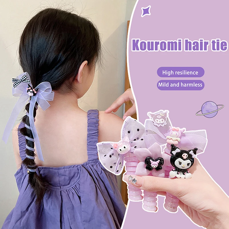 Kawaii Kuromi Bow Telephone Wire Hair Tie Sanrio Cartoon Cute Braided Elastic Hair Ring For Girls Sweet High Ponytail Headwear