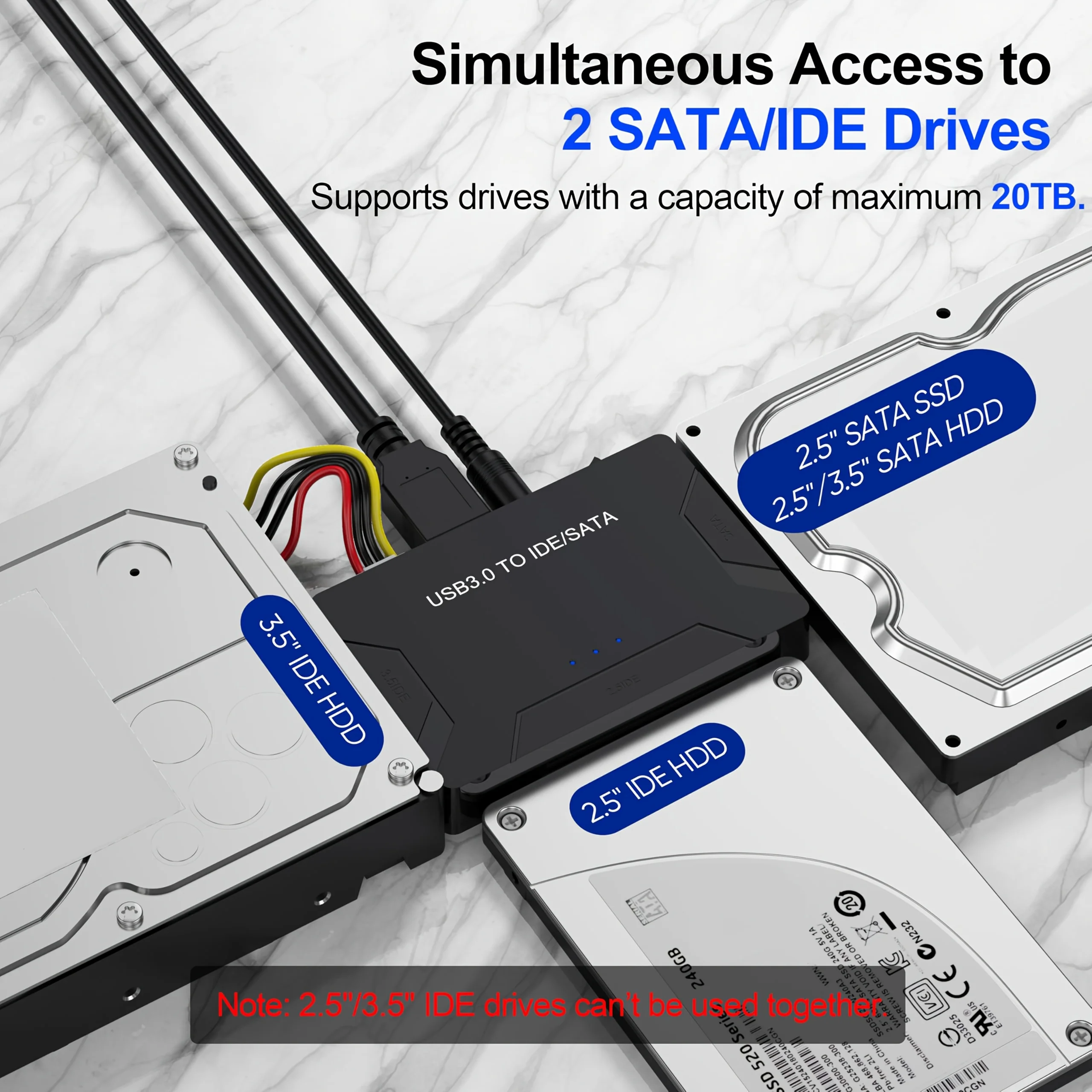 Adaptador USB 3.0 IDE SATA, kit universal de lectura de discos duros con adaptador de disco duro externo para PC y Macbook, compatible con HDD/SSD de 2.5/3.5 pulgadas.