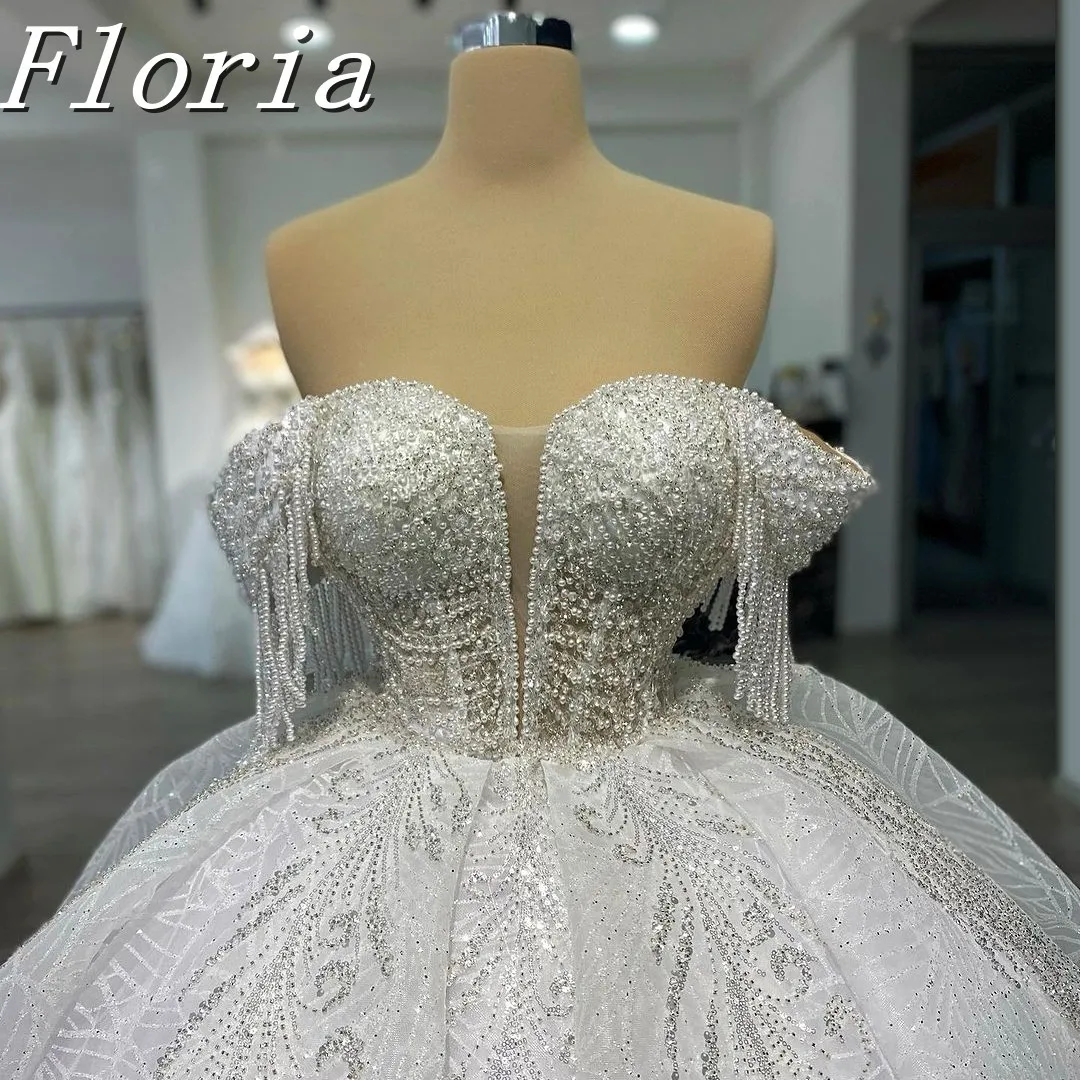 

Luxury Dubai Arabic Wedding Dresses 2025 Bride Elegant Beaded Tasseled Sleeves Sweetheart Vestidos De Novia Custom Made