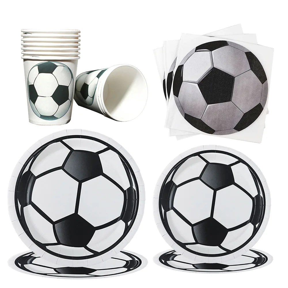 Vajilla desechable para fiesta de fútbol, balón de fútbol blanco, vasos de papel, platos, servilletas, suministros para fiesta de cumpleaños con temática de fútbol para niños