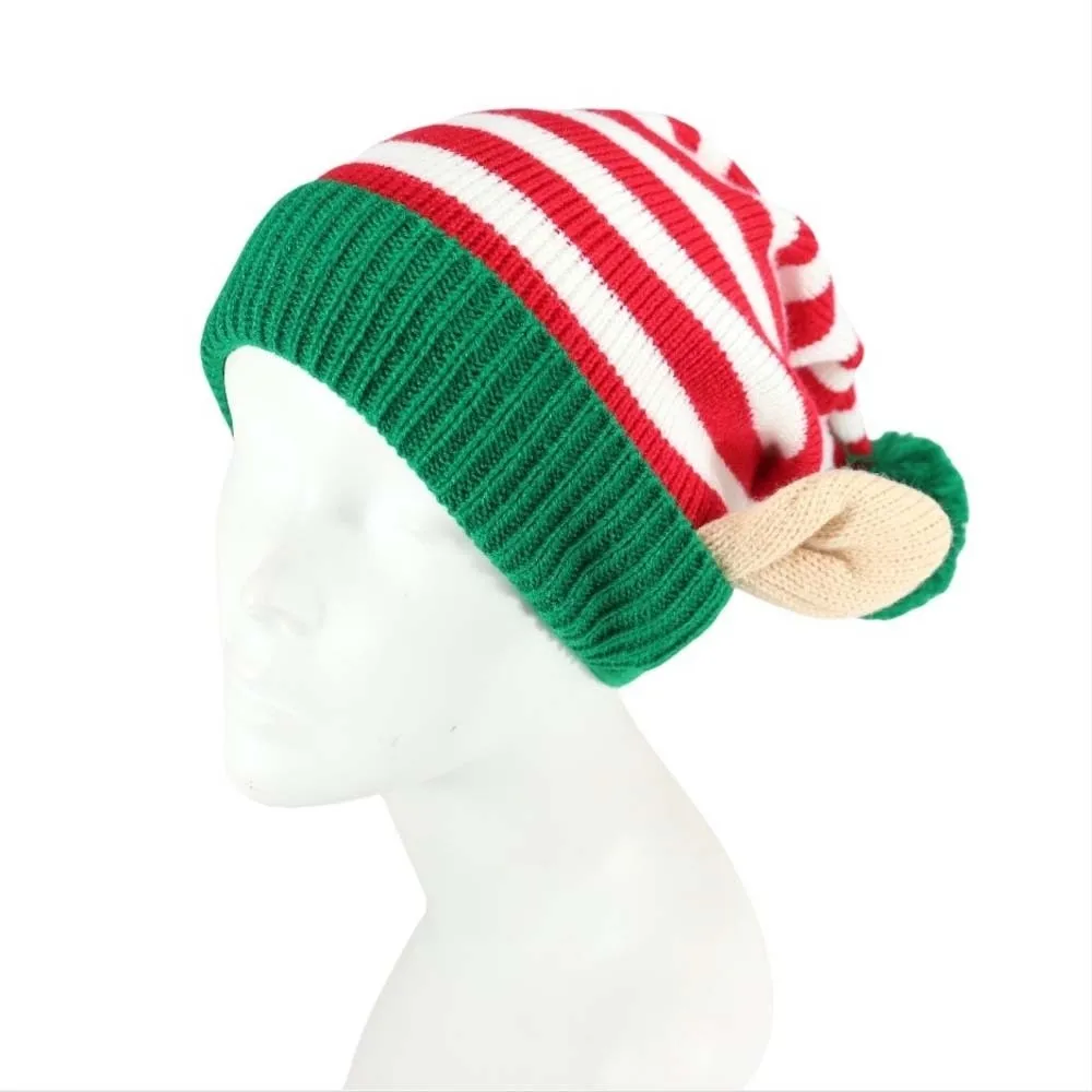 Xmas Costume Headpiece Knitted Christmas Beanie Warm Elastic Pointed Pom Bonnet Contrast Color Soft Elf Knit Hat Carnival