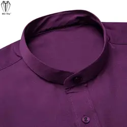 Hi-Tie Purple Silk Mens Shirts Long Sleeve Mandarin Collar Jacket Shirt Elegant Light Summer Spring Casual Male Blouse Daily