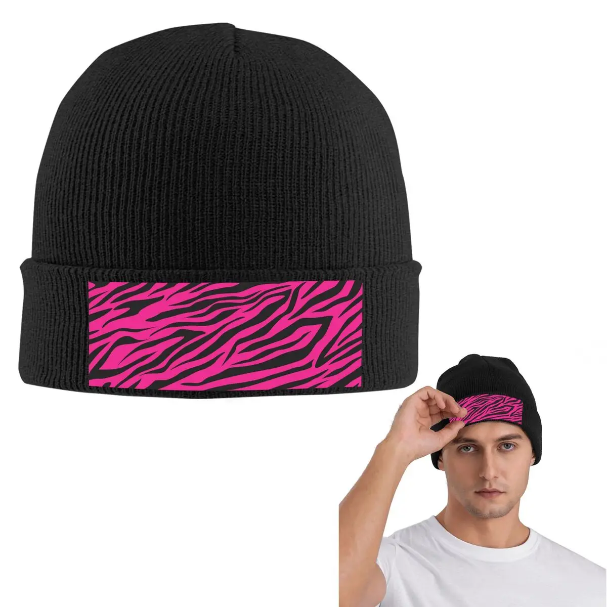 Pink Zebra Print Warm Knitted Cap Winter Knit Bonnet Hat Skullies Beanies Hip Hop Caps for Unisex