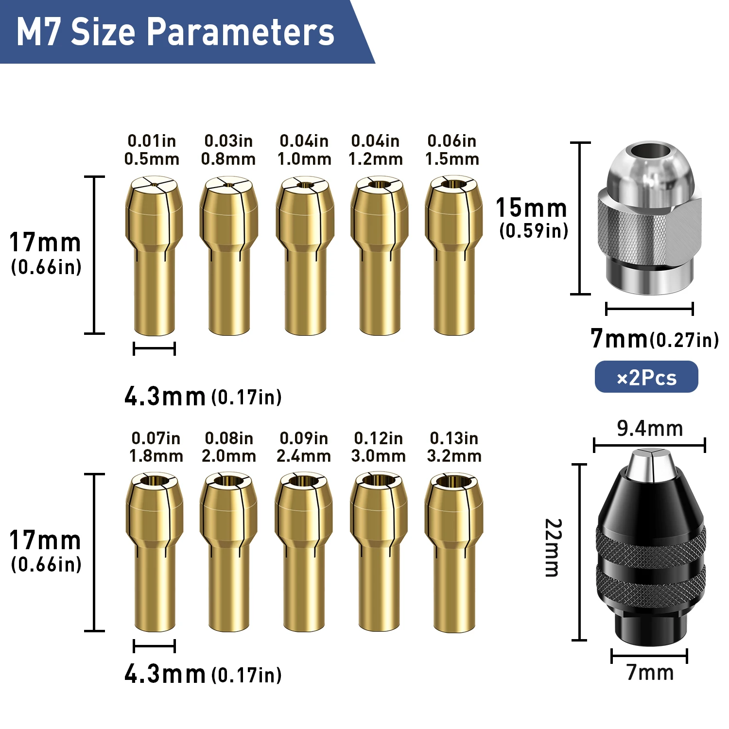 15PCS Dremel Rotary Tool Chuck Collet Set,0.8-3.2mm Shank 4486 Quick Change Keyless Chuck 4485 Brass Collet Nut view 4