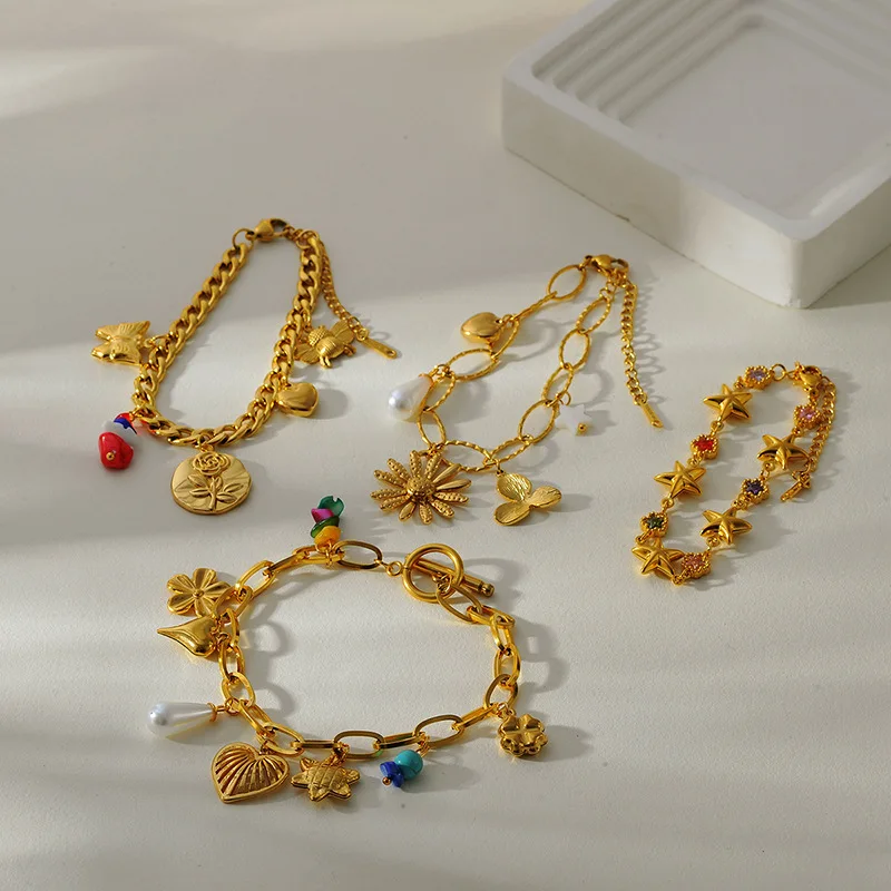 EILIECK 316L Stainless Steel Multiple Charms Bracelet Bangle For Women Stylish Gold Color Waterproof Hand Chain Holiday Gift