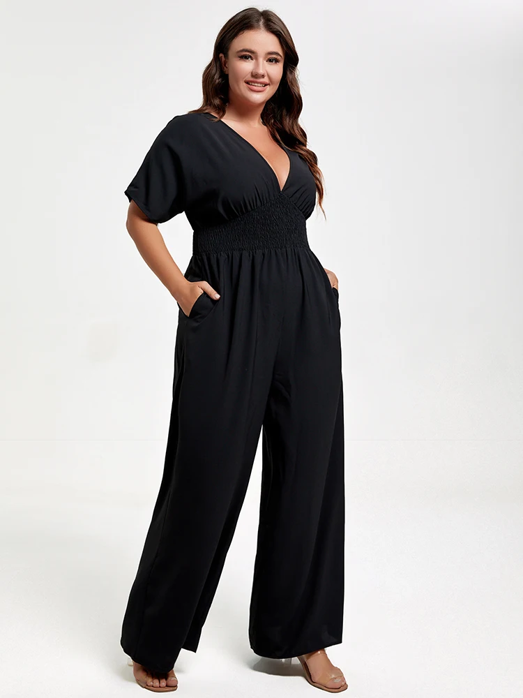 Plus Sized Clothing Waist Dolman Sleeve Jumpsuit with Pockets Women Casual  Shirred Wide Leg Pants Rompers Office Jumpsuit