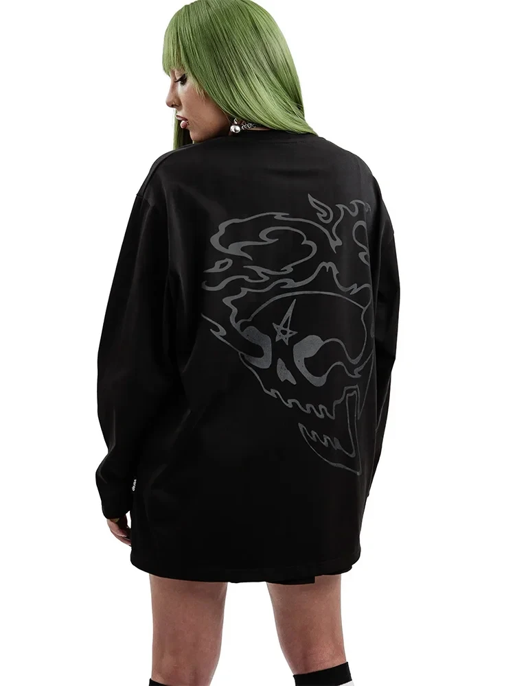 الرجال تي شيرت الشيطان نادي الجرافيك الجمجمة القوطية المتضخم كم طويل بلايز Y2k الشارع الشهير القطن الخريف موضة تيز للجنسين الملابس