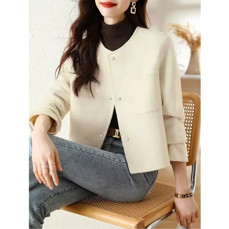 Women Clothing New Autumn Winter Korean Fashion Elegant Luxury Chic Cropped Coat Casual O Neck Solid Long Sleeve Outewear Jacket