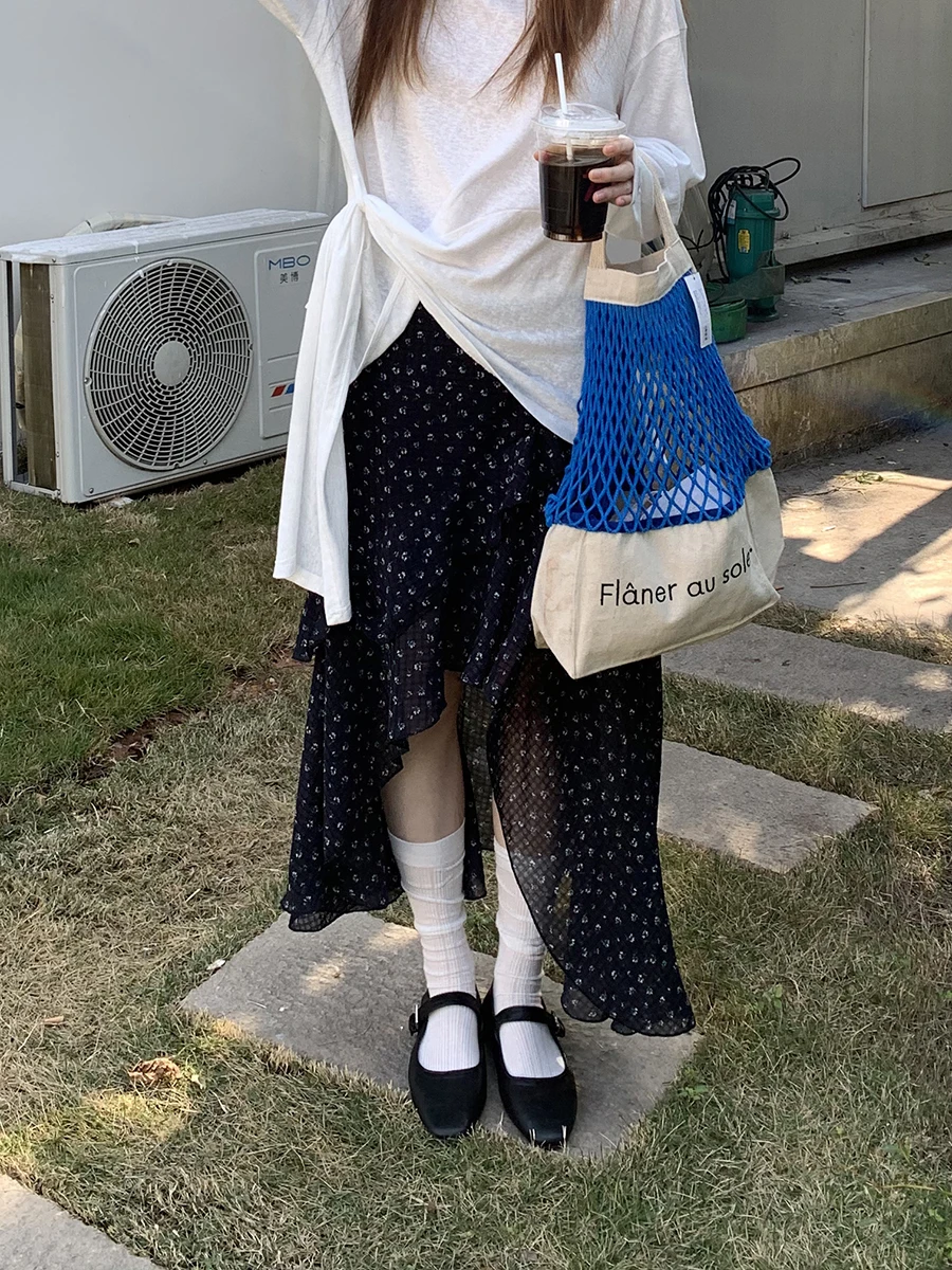 

Ele Bla Floral Asymmetrical A-Line Midi Skirt Women's Spring Autumn 2025 New Sle Polyester Fiber Commute Skirt