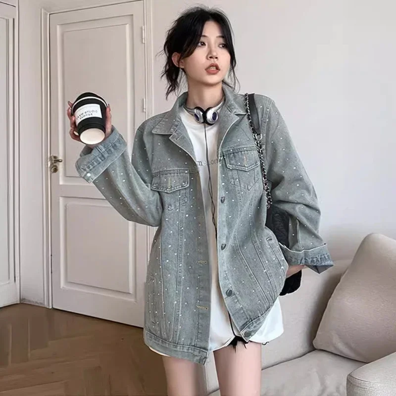 Korean Fashion Shiny Sequins Jean Jacket Women Denim Jackets Female Vintage Loose Denim Coat Girls Casual Outwear Woman Jacket