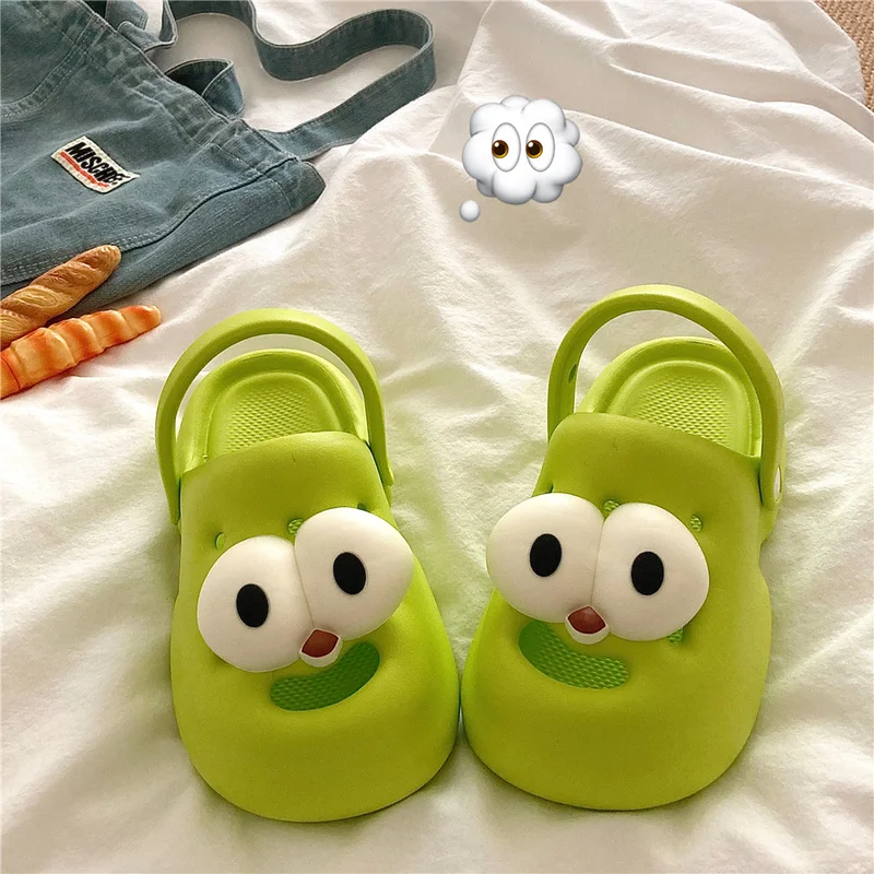 

Look At You! Big Eyed Cartoon Thick Soled Perforated Shoes For Women In Summer Versatile And Non Slip Two On Top Toe Slippers
