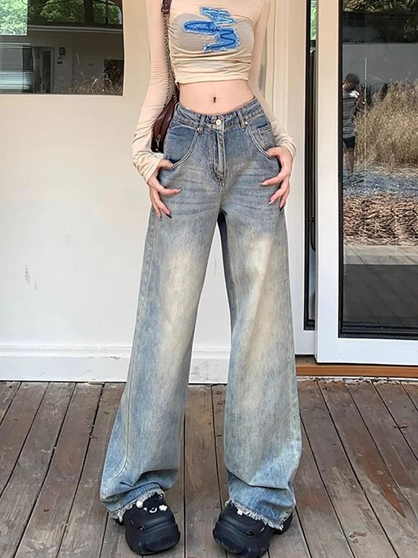 

Американские винтажные джинсы с высокой талией и широкими штанинами, женские, фасон буткат, длиной в пол, с рваными элементами и декоративными завязками