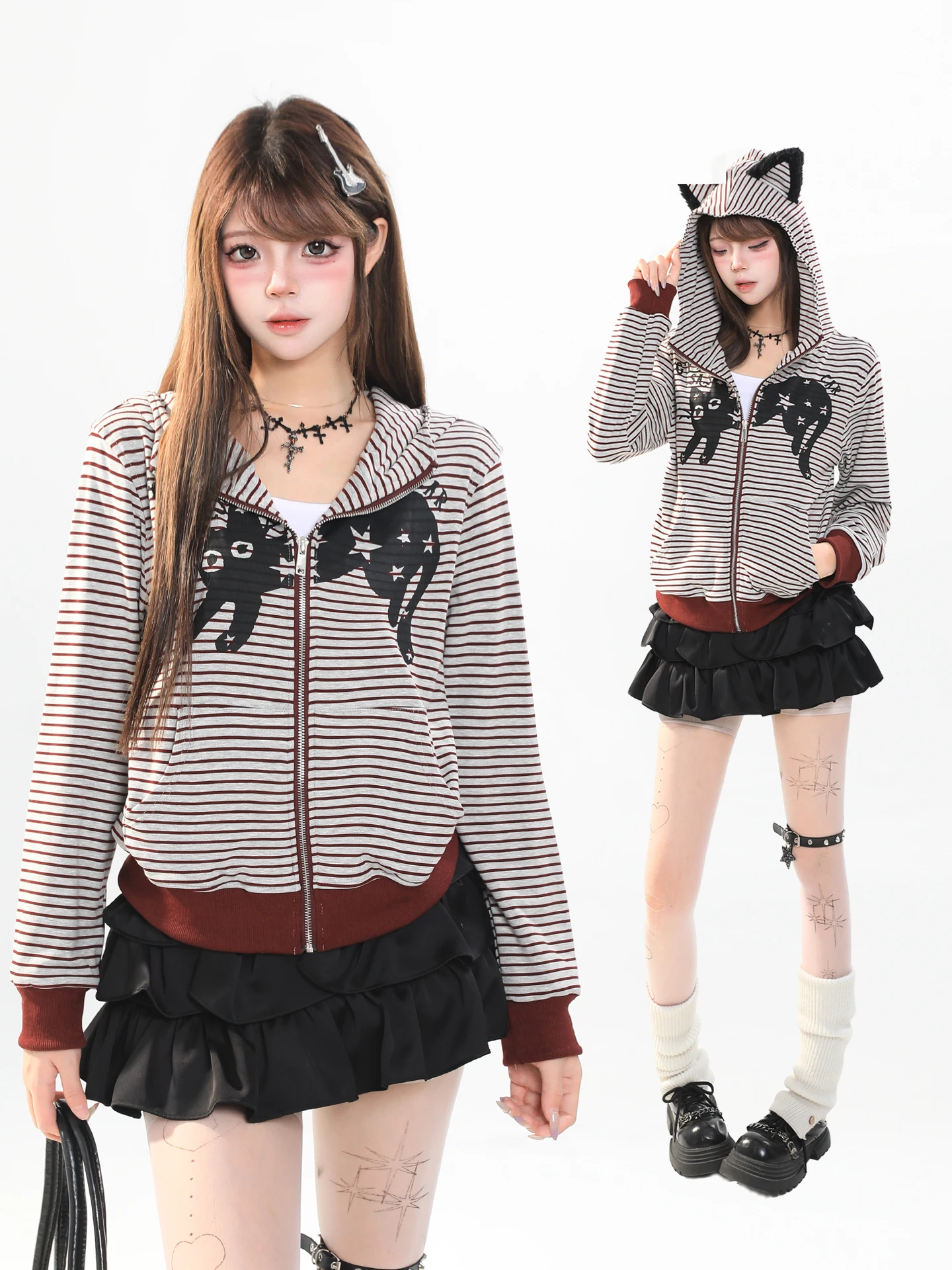 

Женский укороченный кардиган-свитшот с капюшоном в полоску, приталенный, модный, универсальный, весенний, верхняя одежда