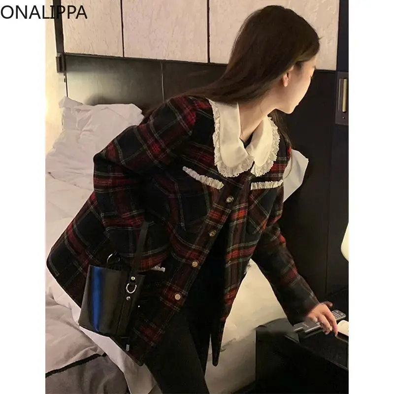 Onalippa Contrast Plaid Wool Coat Wood Ear Hem Peter Pan Collar Loose Jacket Korean Preppy Style Winter Women Coat Warm 2022