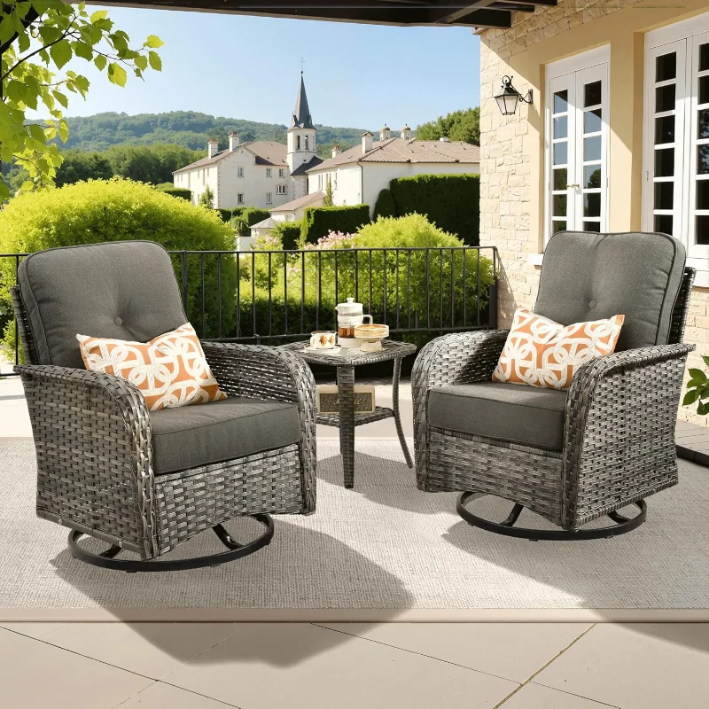 

ovios 3 Pieces Patio Furniture Set, Outdoor Rocking Chairs of 2, Wicker Swivel Glider Chairs with Side Table Thick Cushions