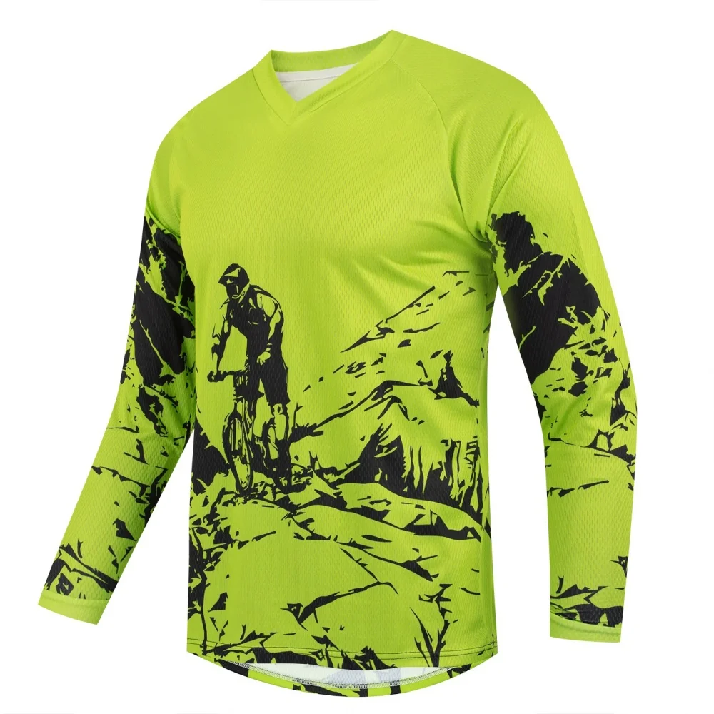 Camiseta Esportiva Masculina de Manga Longa com Estampa de Bicicleta de Montanha, Respirável, Decote em V para Ciclismo e Uso Diário