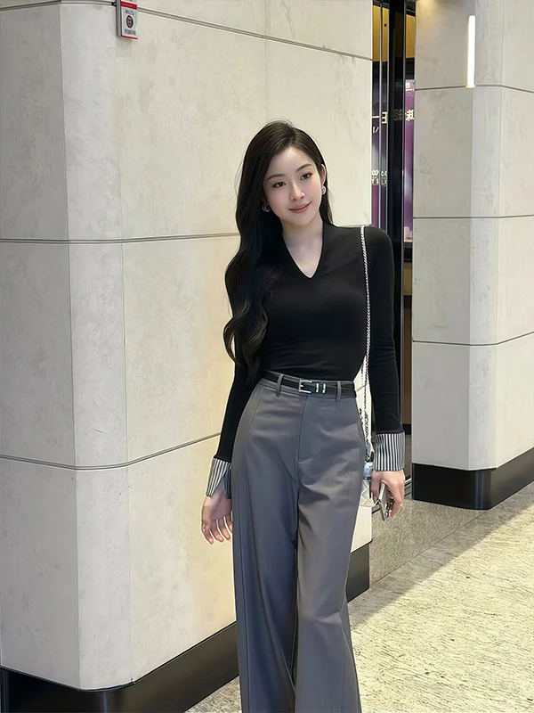 

Spicy Girl Vintage Stripe Sleeve V-neck T-shirt Women's Spring Fashion Set with Wide-leg Pants Long Sleeve Shirt Style