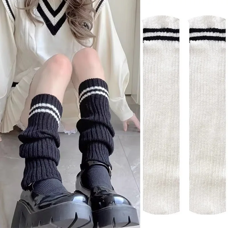 

40 см вязаные гетры для женщин и девочек Sweet Jk Lolita готические черно-белые полосатые чехлы для ног Y2k, леггинсы, носки с напуском