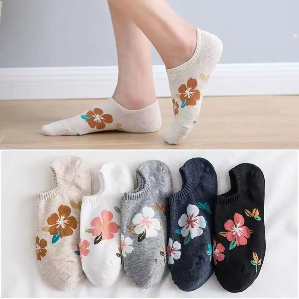 

5Pairs Sweet Heart Flower Boat Ankle Socks Hamburger Cotton Love Short Socks Female Hosiery Anti-slip Women's Socks Girl