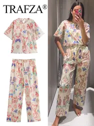 TRAFZA Women Print Blouse Pant Suit Loose O Neck Short Sleeve Shirt High Waist Trousers Fashion Y2K Woman Casual Sets