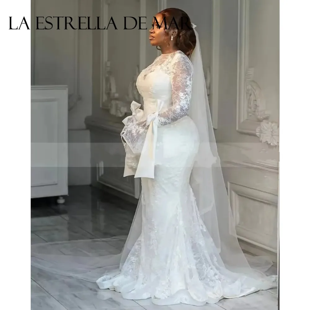 Vintage Long Sleeves Mermaid Wedding Dresses Jewel Neck Lace Applique Bridal Gowns Sweep Train Robe De Mariee Vestidos De Novia