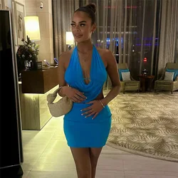 Blue 2 Pieces Women's Prom Dress Deep V Neck Sleeveless Halter Top Bra+ Summer Short Mini Party Gown Beach Holiday Skirt Robes