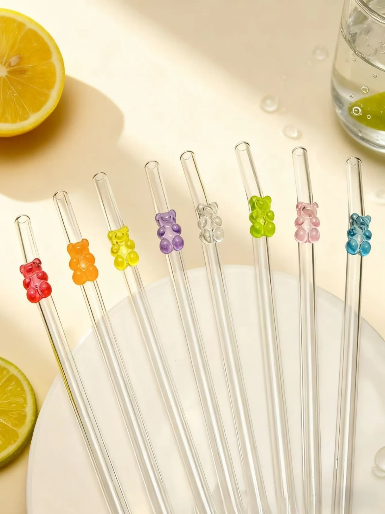 1/9PCS Colorful Crystal Bear Glass Straw, Reusable Bent Straw for Milk Tea Cocktails Iced Drinks, Festive Party Atmosphere Gift