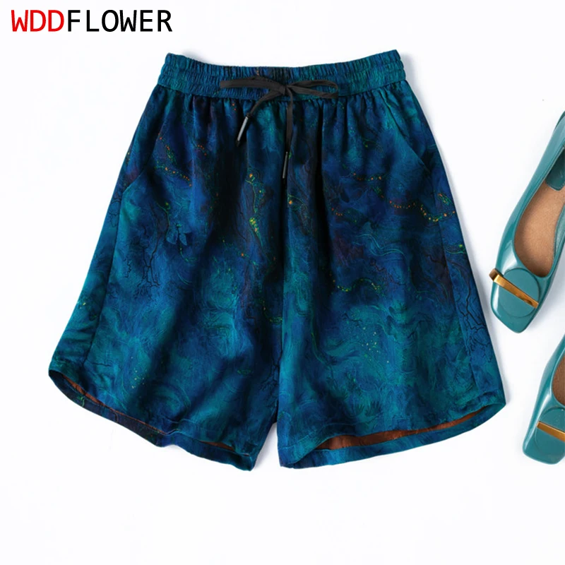 

100% Mulberry Silk Gambiered Canton Gauze Silk Jacquard Elastic Waist Women Casual Shorts Summer Beach M1618