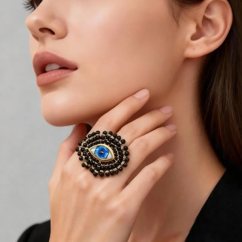 Yellow Blue Devil's Eye Beaded Open Ring and Brooch Women Girls Product Fashion Jewelry Hot Sale Party Gift 2026 New Style