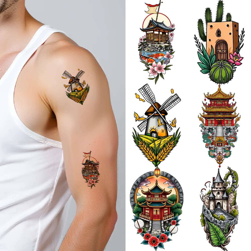 9 pièces tatouage temporaire imperméable durable Temple corps autocollant colonne château hommes femmes tatouage autocollants Cosplay fête autocollants accessoire