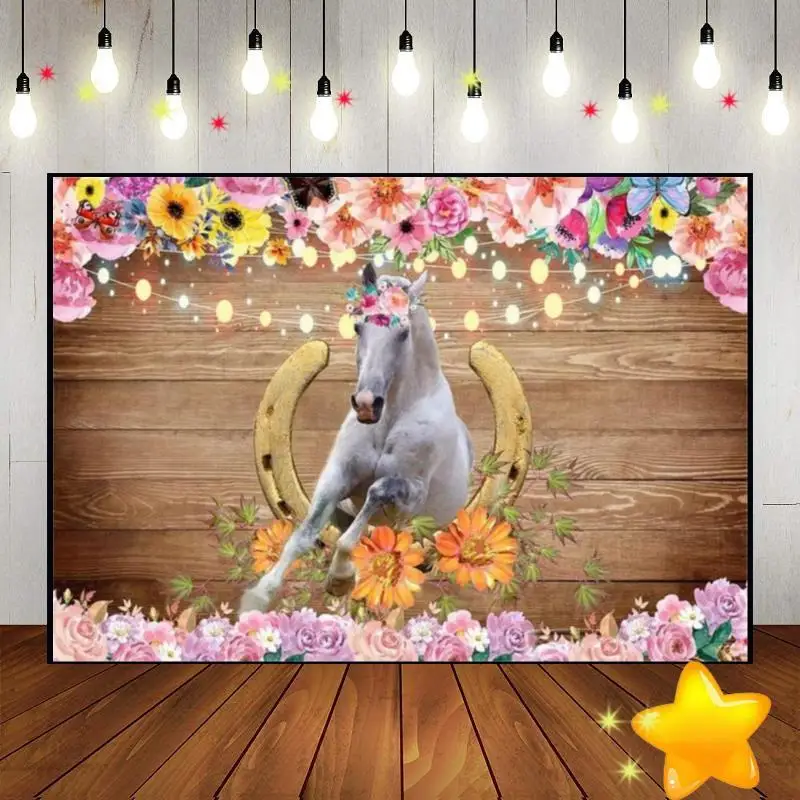 

Horse Photography Backdrops Party Background Birthday Decoration Blush Floral Custom Backdrop Farm Baby Shower Photo Cowgirl Boy